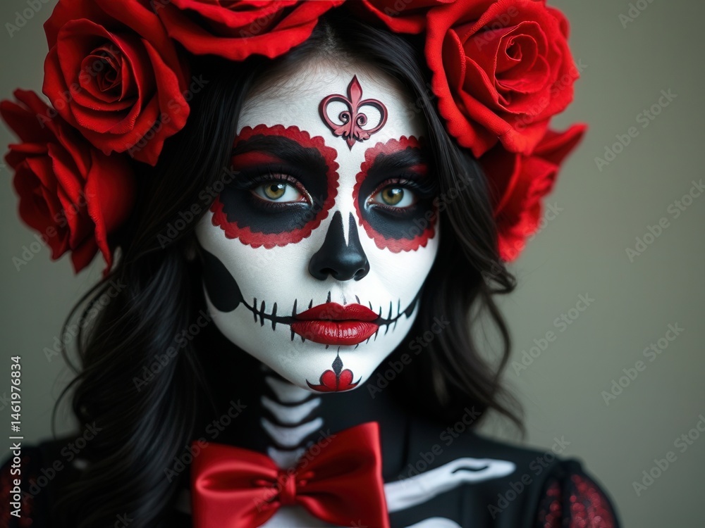 Halloween beauty skeleton woman makeup face. Girl death Halloween costume. Day of The Dead. Charming and dangerous Calavera Catrina.
