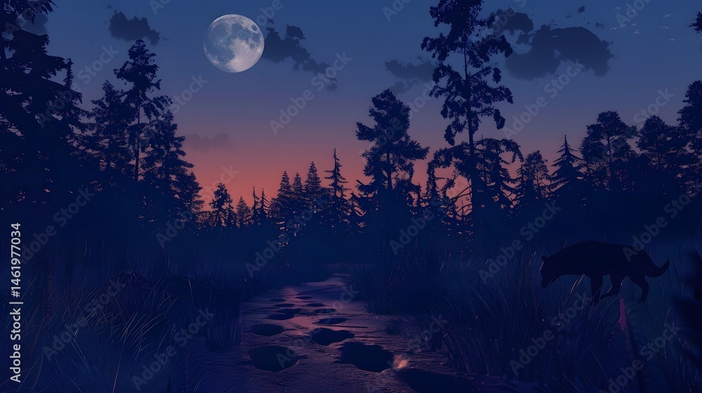 Fototapeta premium Wolf Tracks in Forest Clearing: Deep wolf tracks in a forest clearing, with howling wolves silhouetted against the moon. 