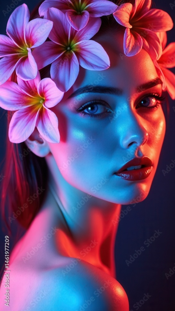 Beauty flowers face of a woman with double exposure. Portrait of a girl neon light and color, professional makeup, nude back of a woman, flowers in the head.