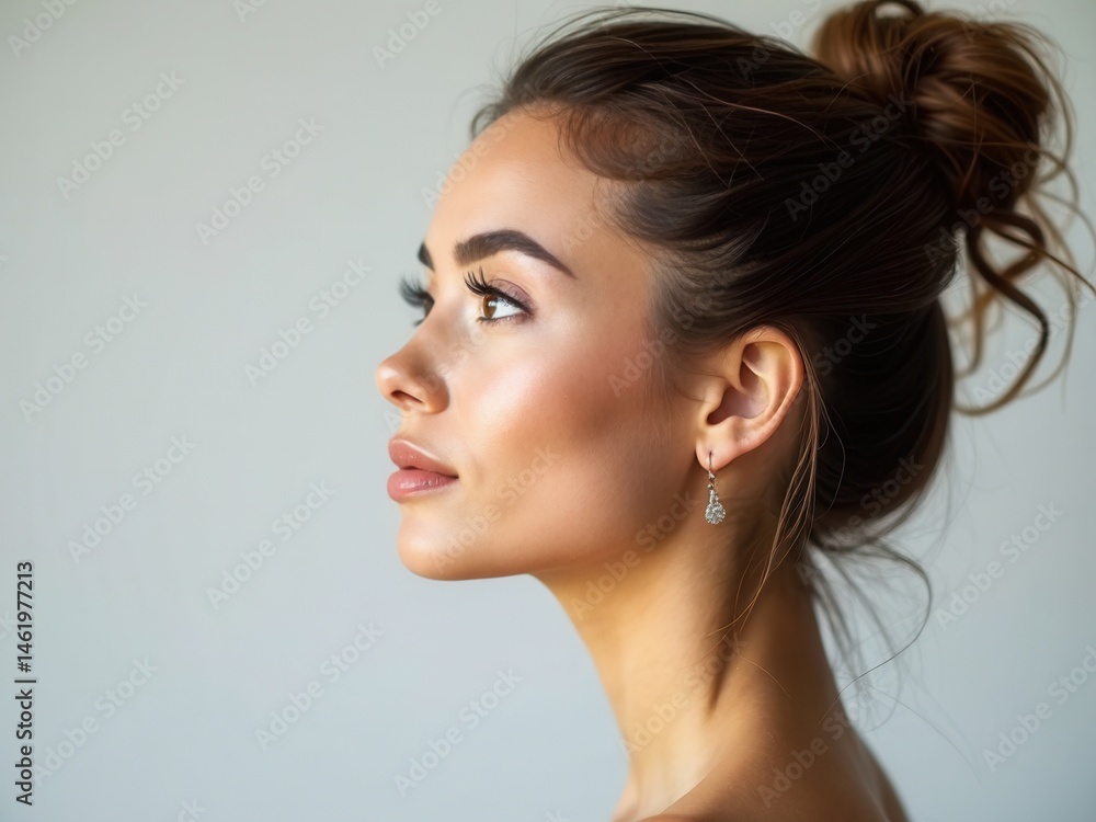 Perfect face profile woman, natural cosmetics for face care. Portrait of a fashion woman with a bunch of hair.