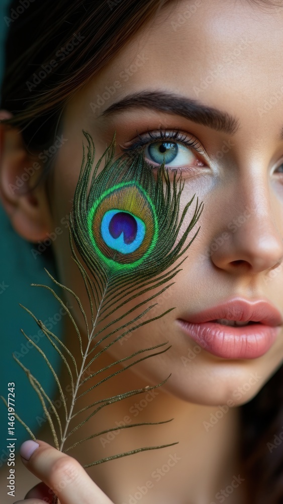 Eastern Arab woman with a peacock feather in her hands near her face. Beauty fashion makeup Arab women, big beautiful eyes. Beautiful smooth skin, peacock feather near eyes.