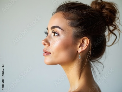 Obraz na płótnie Perfect face profile woman, natural cosmetics for face care. Portrait of a fashion woman with a bunch of hair. w salonie