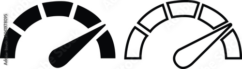Dashboard speedometer flat and outline icon set. Performance indicator with arrows sign. Internet speed, gauge, tachometer, scale. Credit score vectors. Risk levels isolated on transparent background.