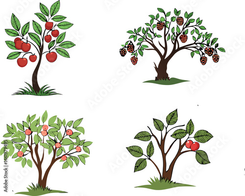  Vector illustration of fruit trees and berry bushes