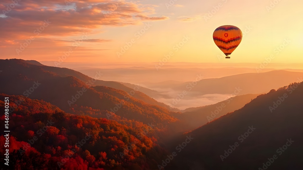 Hot Air Balloon Flying Over Mountains at Sunrise Hot Air Balloon Flying Over Mountains at Sunrise
