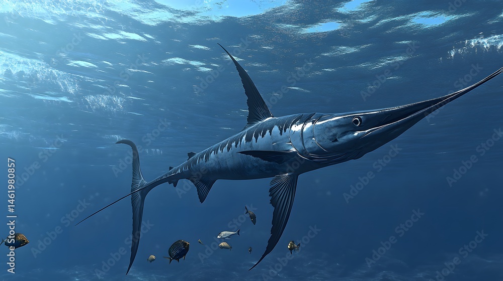 Obraz premium A majestic marlin swims through the deep ocean depths.