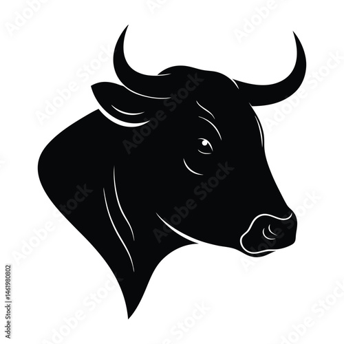 A black and white cow face or bull vector illustration shows an isolated horned bull head, a farm animal for graphic design 