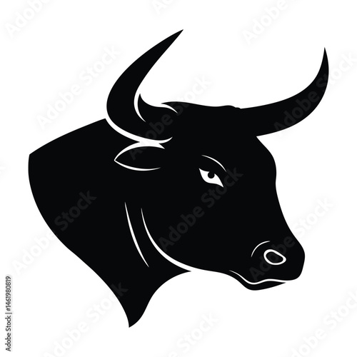 A black and white cow face or bull vector illustration shows an isolated horned bull head, a farm animal for graphic design 