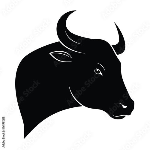 A black and white cow face or bull vector illustration shows an isolated horned bull head, a farm animal for graphic design 