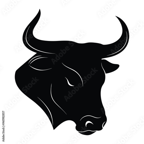 A black and white cow face or bull vector illustration shows an isolated horned bull head, a farm animal for graphic design 