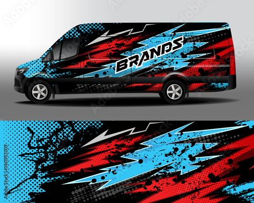 Delivery van vector design. Pop art car sticker. Abstract black background with comic explosion and halftone dots in red and blue colors for vinyl car decal.