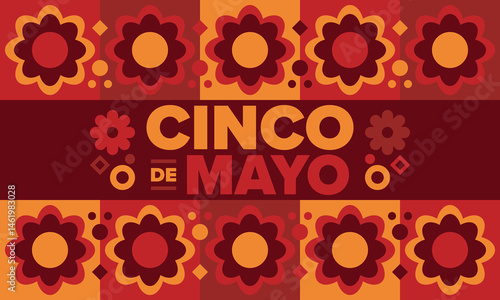 Cinco de Mayo in Mexico. Traditional mexican fiesta in May. National happy holiday with carnival, festival and parade. Latin american and spanish pattern. Illustration with sombrero. Vector poster