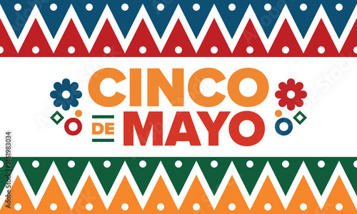 Cinco de Mayo in Mexico. Traditional mexican fiesta in May. National happy holiday with carnival, festival and parade. Latin american and spanish pattern. Illustration with sombrero. Vector poster