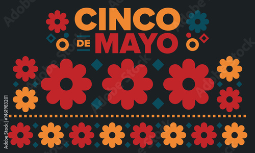 Cinco de Mayo in Mexico. Traditional mexican fiesta in May. National happy holiday with carnival, festival and parade. Latin american and spanish pattern. Illustration with sombrero. Vector poster