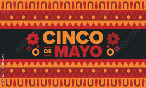 Cinco de Mayo in Mexico. Traditional mexican fiesta in May. National happy holiday with carnival, festival and parade. Latin american and spanish pattern. Illustration with sombrero. Vector poster