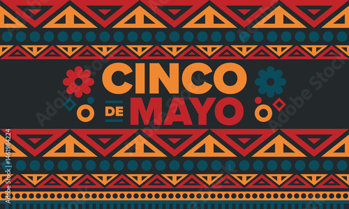Cinco de Mayo in Mexico. Traditional mexican fiesta in May. National happy holiday with carnival, festival and parade. Latin american and spanish pattern. Illustration with sombrero. Vector poster
