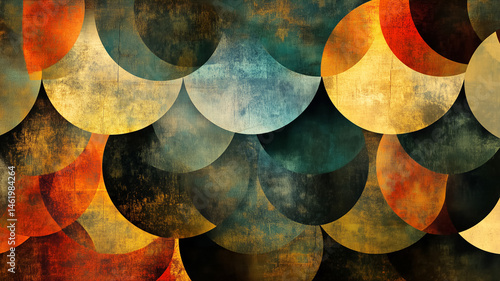 A textured abstract pattern of overlapping scales in warm, earthy tones with a vintage, grunge feel.