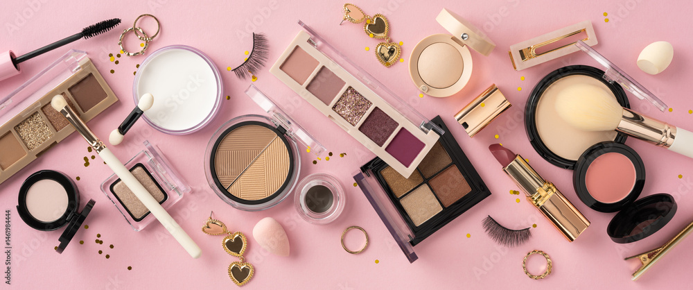 Obraz Flat lay of makeup essentials including palettes, brushes, and accessories on a stylized pink surface