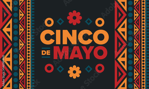 Cinco de Mayo in Mexico. Traditional mexican fiesta in May. National happy holiday with carnival, festival and parade. Latin american and spanish pattern. Illustration with sombrero. Vector poster