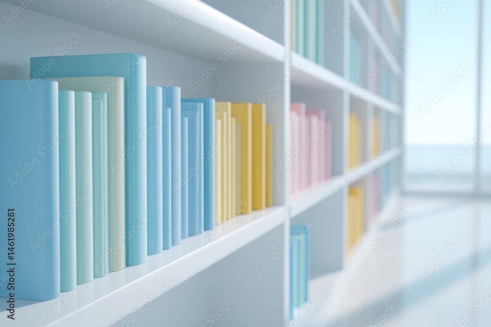 Obraz premium modern bookstore with sleek shelves lined with multicolored spines of books and ample copy space