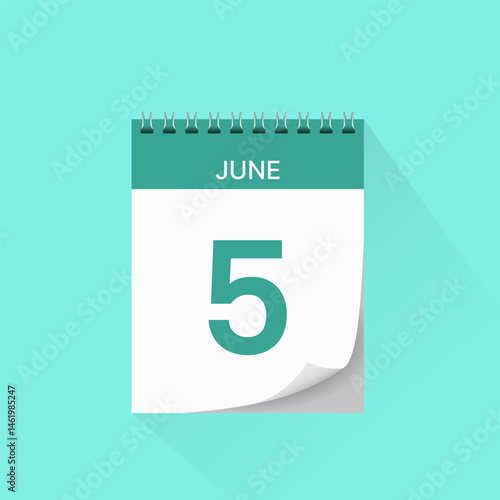 Day calendar icon with date 5 June. Business schedule sign, event calendar reminder, meeting appointment date symbol, page calendar agenda planner, calendar deadline template, vector illustration.