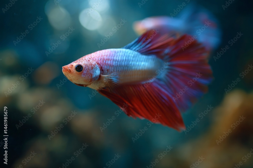 Obraz premium Betta Fish Swimming Underwater with Red Tail Fin in Aquarium Setting