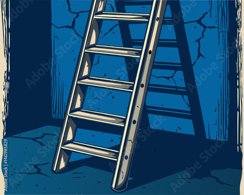 Metal ladder leaning against cracked wall in dark blue tones  