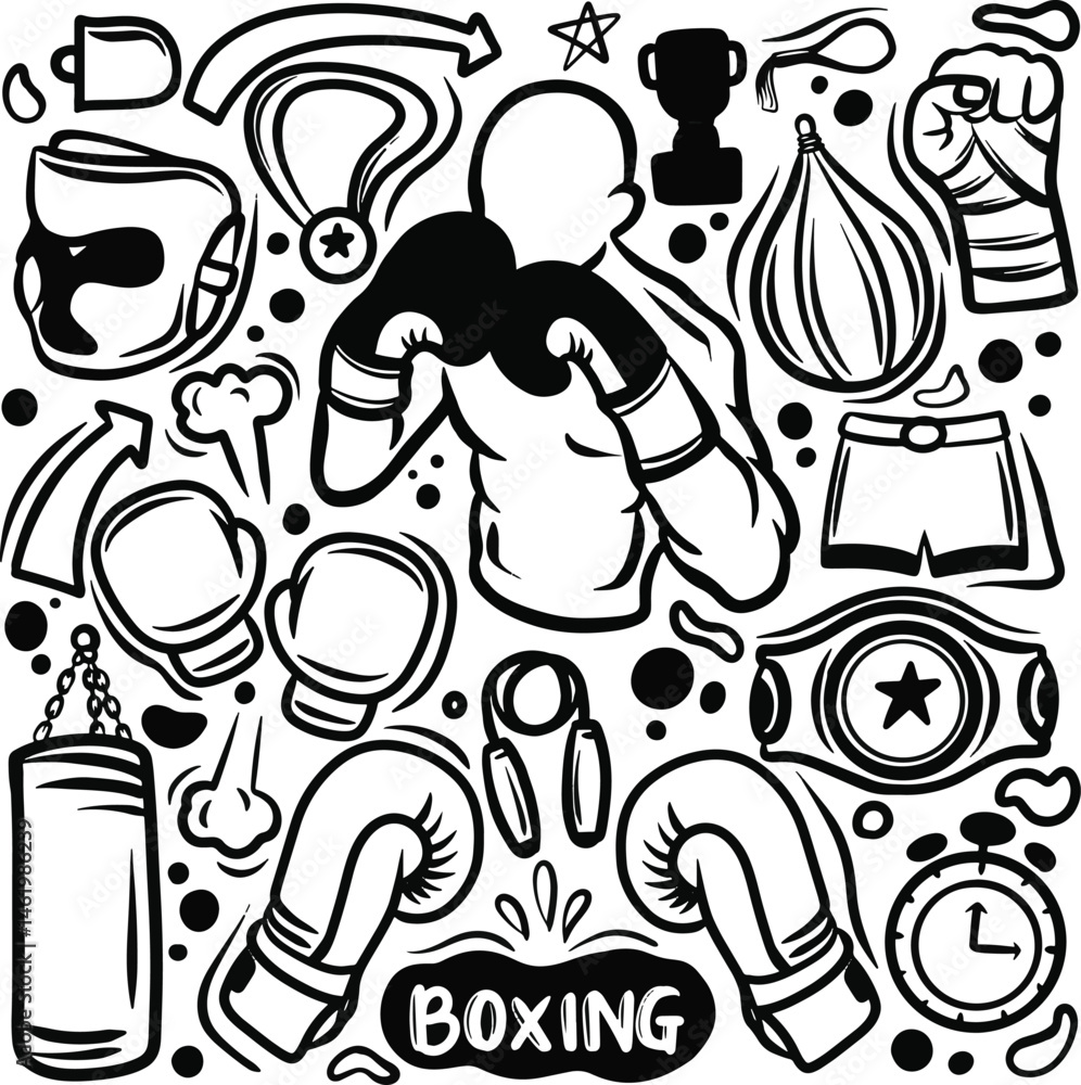 Naklejka premium Boxing black white elements set with fighter sports, seamless pattern with boxing equipment, Doodle vector set Boxing sport related equipments such as fight gear clothes, boxing doodle, Boxing Icon Se