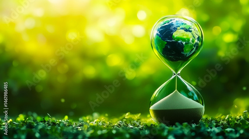 Fototapeta Naklejka Na Ścianę i Meble -  an hourglass with the planet earth inside. The passing of earthly time. Sand spilling out of the planet.