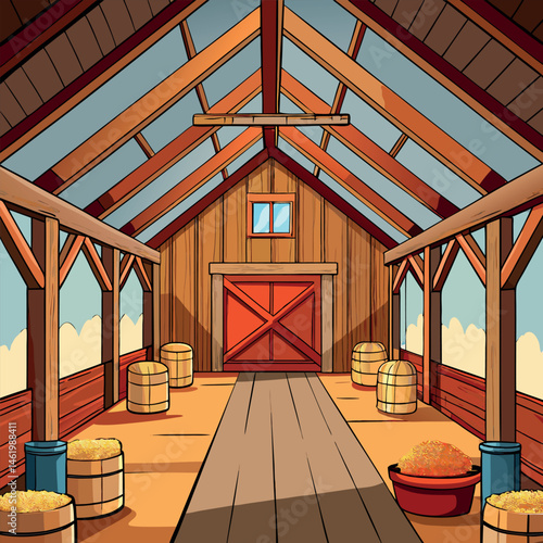 Realistic barn interior with wooden beams and hay bales