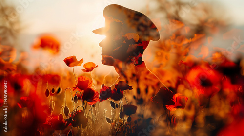 Silhouette of soldier in field of poppies at sunset.