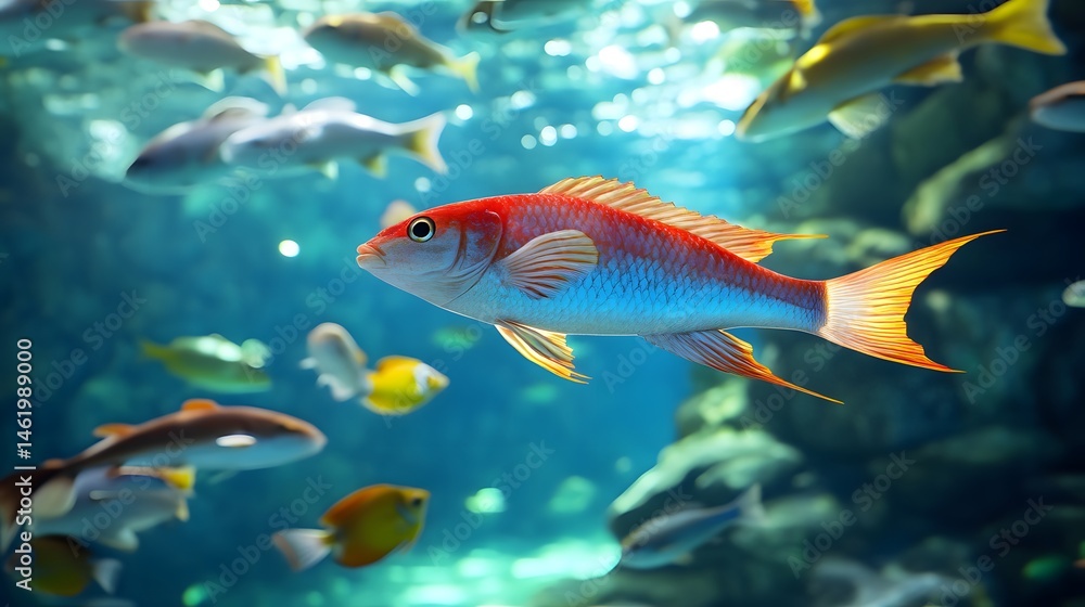 Naklejka premium Vibrant aquatic life within a large aquarium.