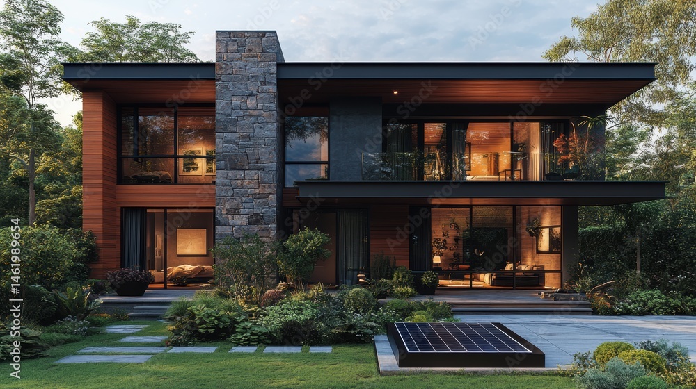 Modern Luxury Home with Solar Panels, Night, and Suburban. Modern Luxury Home with Solar Panels, Night, and Suburban.