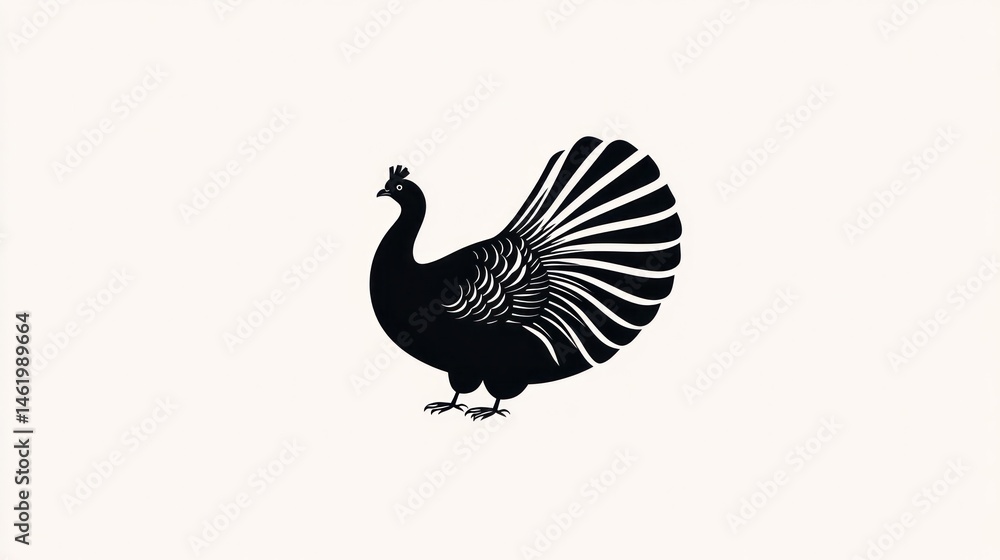 Black peacock profile, tail feathers spread, white background, farm animal illustration Black peacock profile, tail feathers spread, white background, farm animal illustration