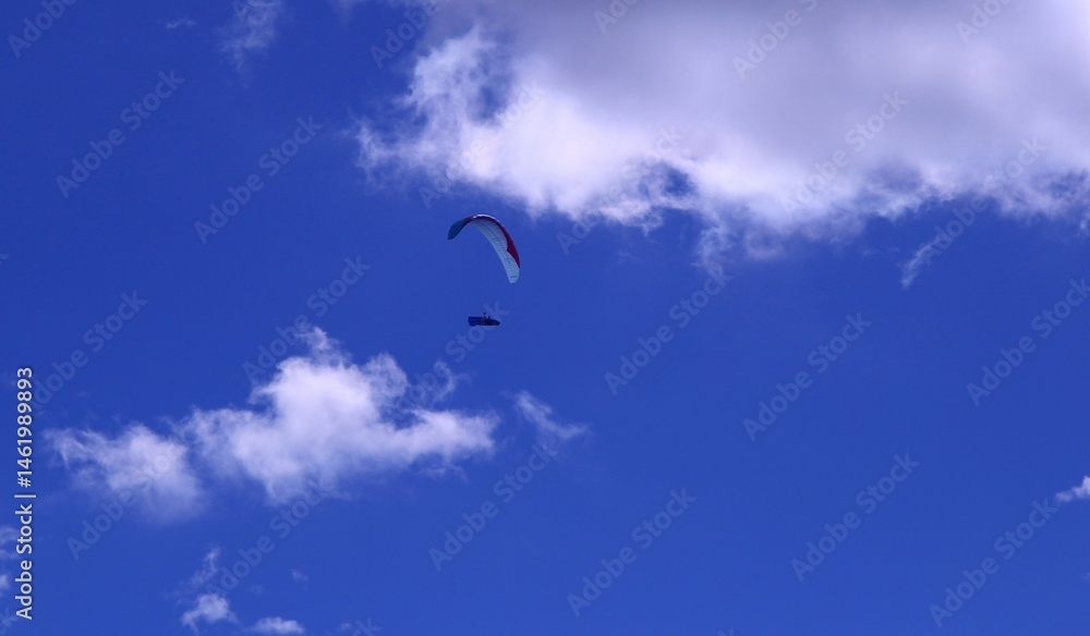 Fototapeta premium a paraglider flying in the blue sky and white clouds