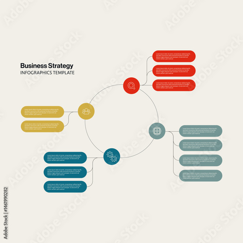 Business strategy infographic diagram vector template. Mind map circular design with icons. Menu layout. Eps10 illustration.