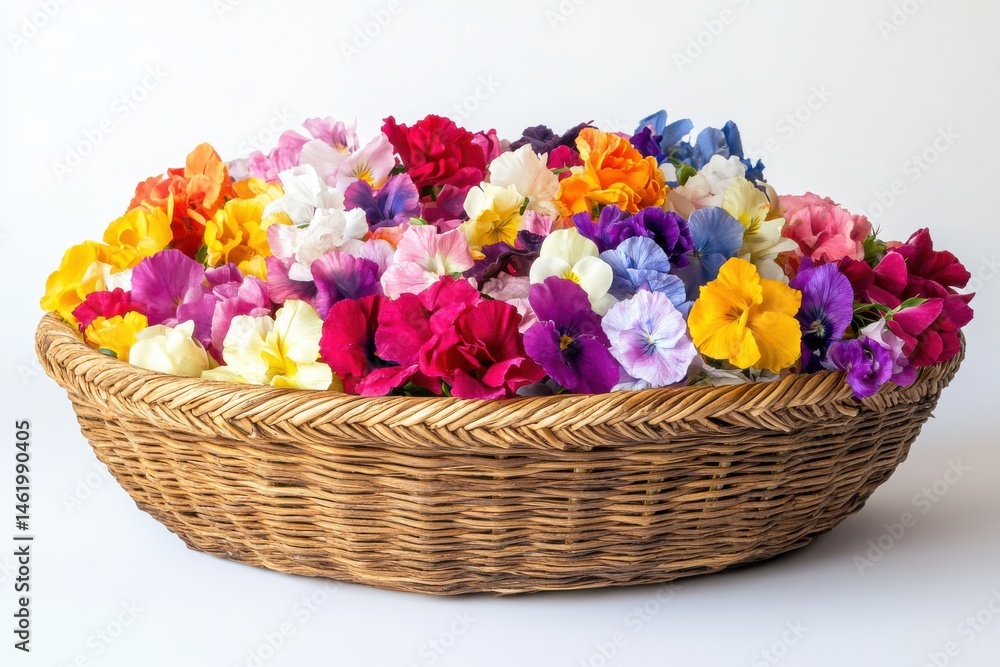Obraz premium A basket filled with colorful pansy flowers isolated on white background.
