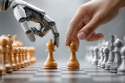 Robot vs human strategic chess match futuristic arena digital art intense competition close-up perspective