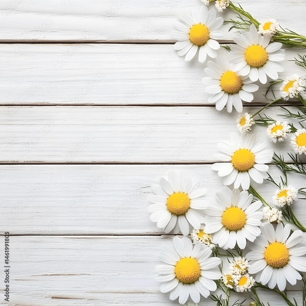 Fototapeta premium White Daisies on Rustic White Wooden Background