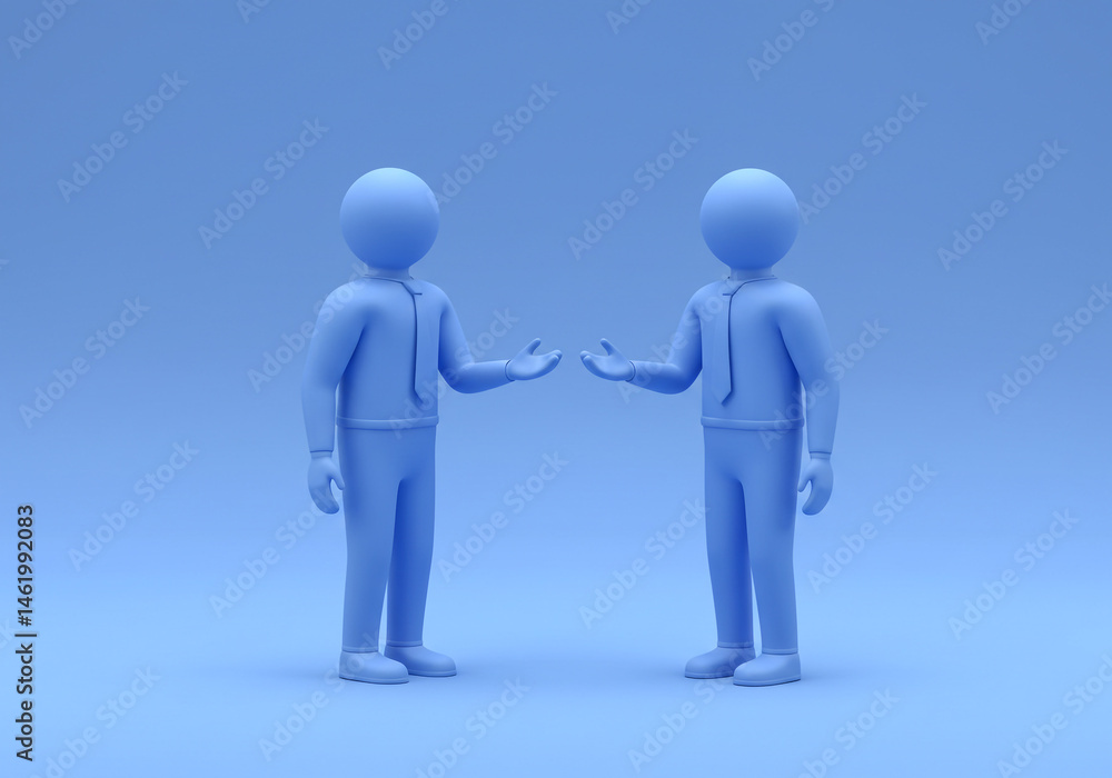 Two Figures Gesturing Towards Each Other on a Blue Background Two Figures Gesturing Towards Each Other on a Blue Background