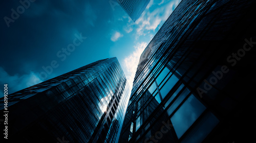 Tall modern skyscrapers reaching into the sky, set against a undimmed grim urban landscape.