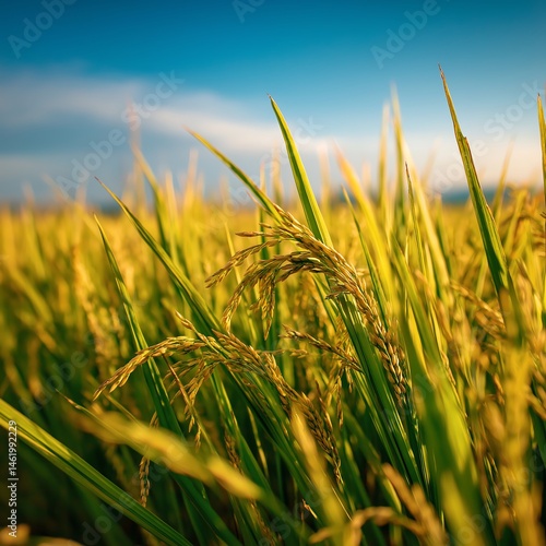 Harvesting Rice Field Agriculture with Blue Sky