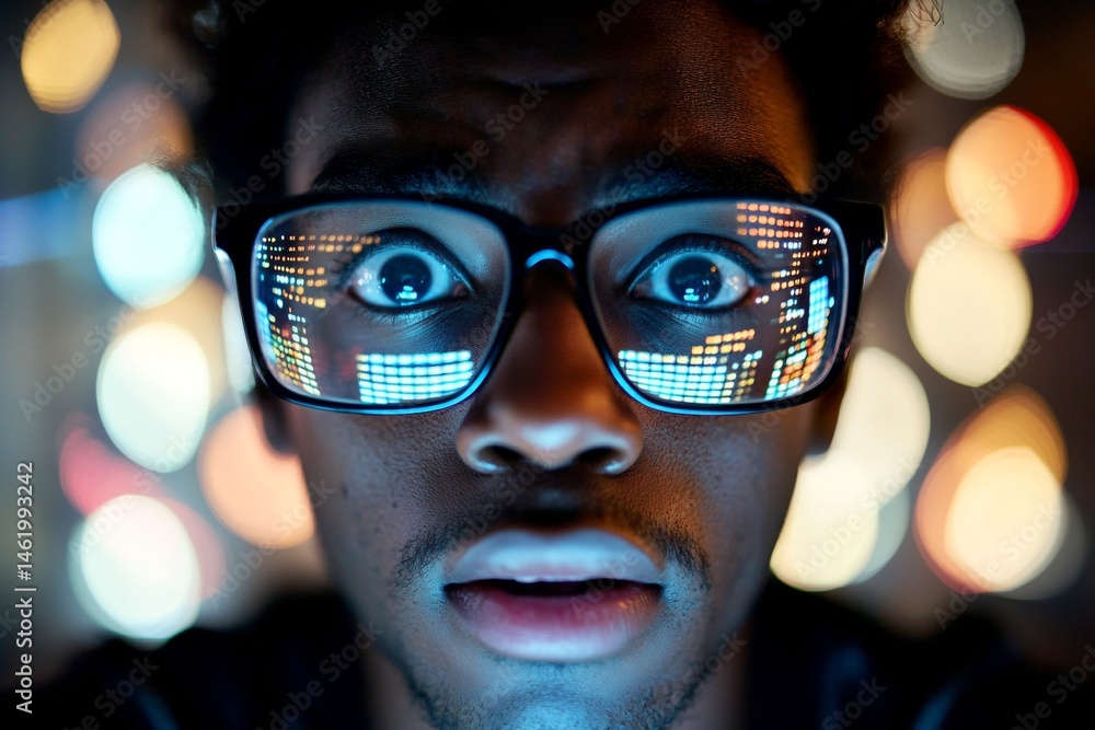 Man reading ai news. Network engineer looks terribly scared at the led panel, in dark cloud storage. Nerd black young man in , diagram reflections in his glasses. Visual idea of it. Man reading ai news. Network engineer looks terribly scared at the led panel, in dark cloud storage. Nerd black young man in , diagram reflections in his glasses. Visual idea of it.
