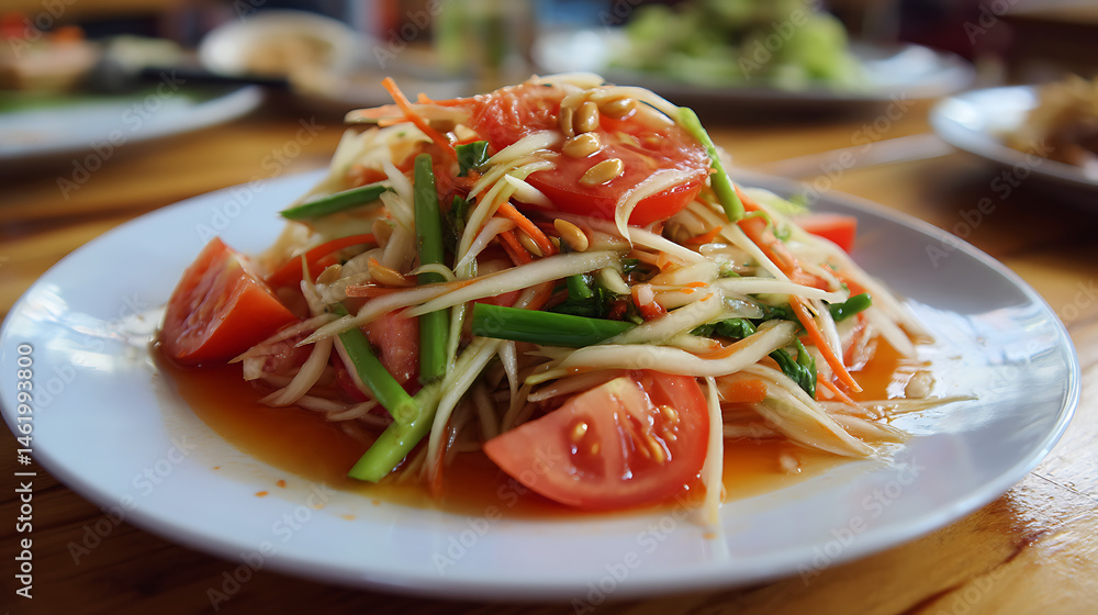 Papaya Salad Appetizer: A vibrant papaya salad with a medley of fresh tomatoes, and refreshing herbs, served in a rustic restaurant setting. It's a burst of flavor!