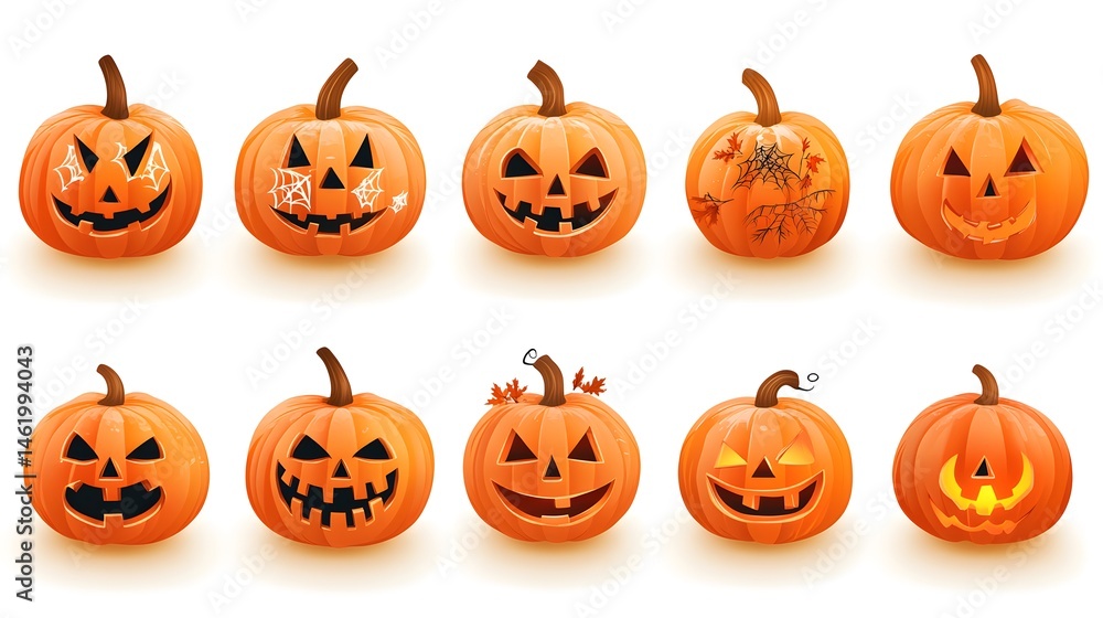 A collection of decorative carved pumpkin faces for halloween. A collection of decorative carved pumpkin faces for halloween.
