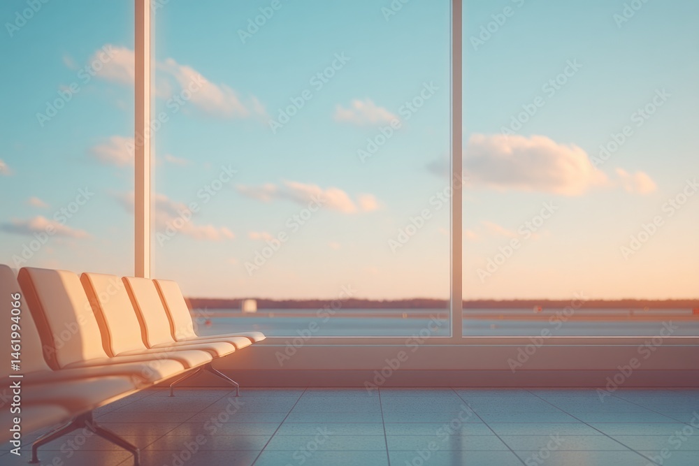 Fototapeta premium serene view of quiet airport terminal with scattered minimalist seating large framing runway