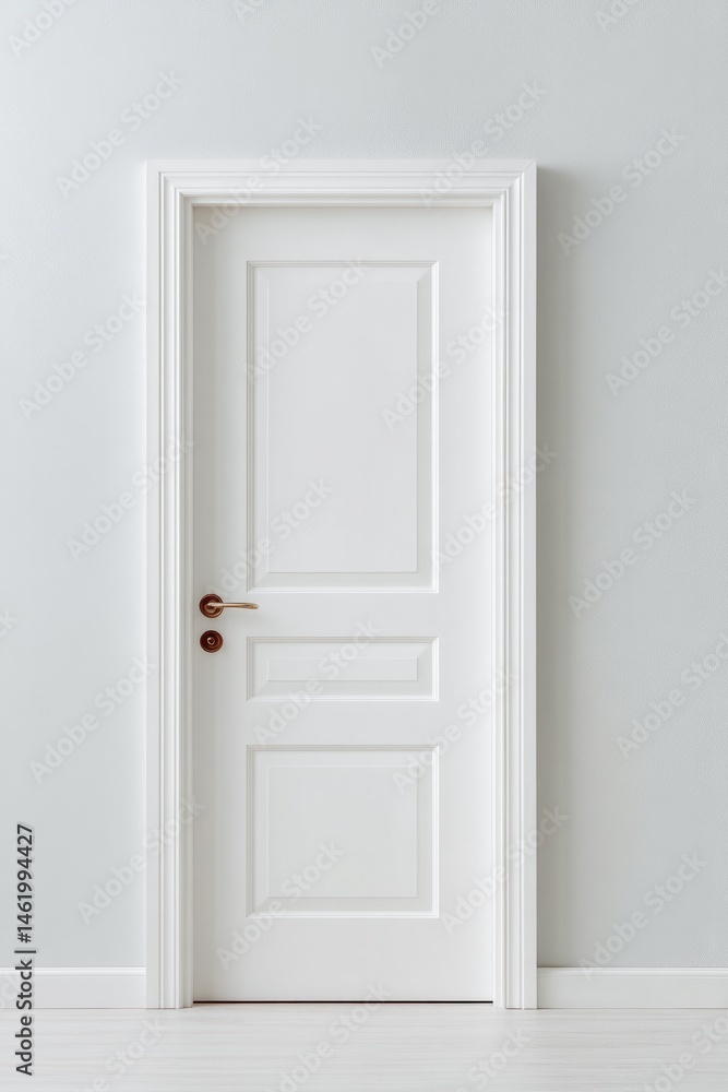 single closed door presented against pristine white backdrop offering minimalistic aesthetic with ample copy space single closed door presented against pristine white backdrop offering minimalistic aesthetic with ample copy space