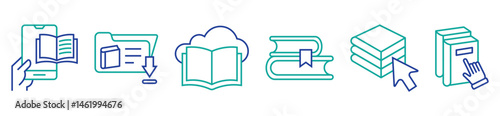 e-learning book download icon set online education digital library read journal literature signs vector illustration