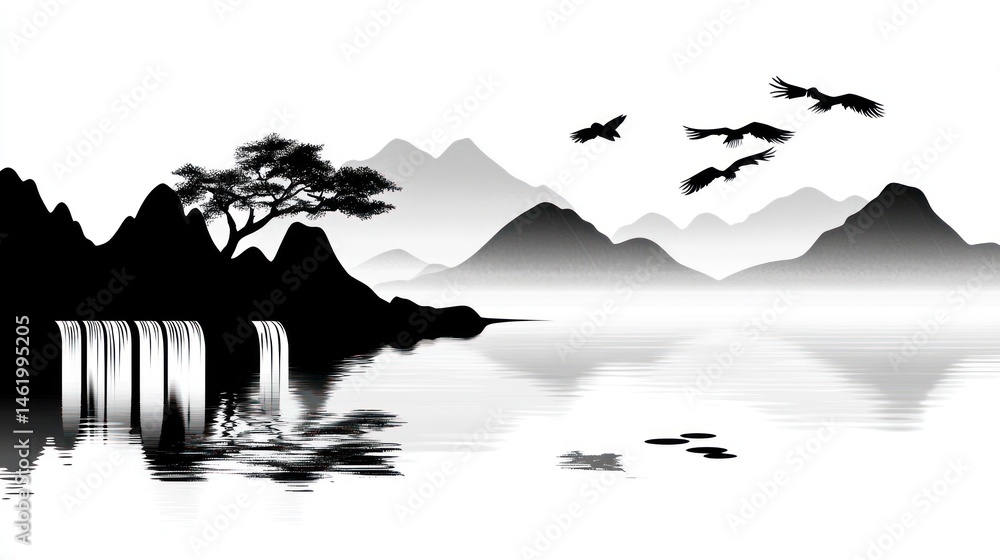 Fototapeta premium Tranquil mountain landscape with waterfall