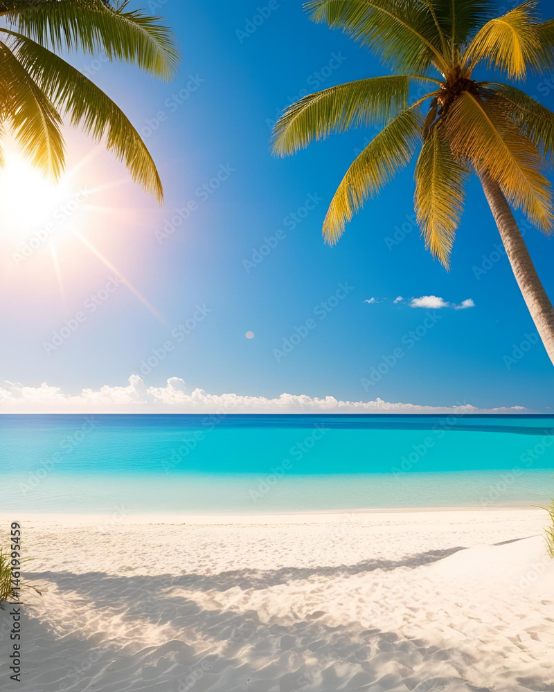 Fototapeta premium beach, sand, sea, ocean, waves, sun, sky, summer, coastal, shore, palm, surf, water, vacation, travel, tropical, breeze, relaxing, sunbathing, swimming, shells, footprints, tide, blue, sunny, horizon,